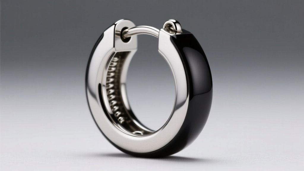 Macro shot of a 16 gauge titanium two tone hoop earring with PVD coating, showing the hinge and clicker closure mechanism clearly