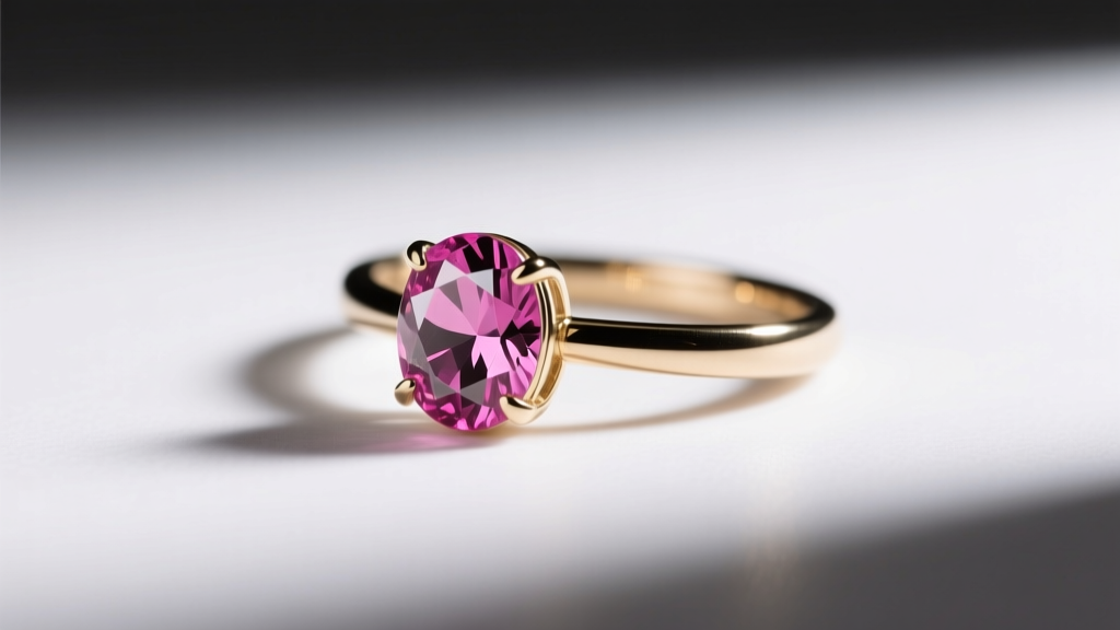 Minimalist 14k white gold tension pendant with a 1.5-carat oval pink spinel, photographed from a 45-degree angle with soft studio lighting.
