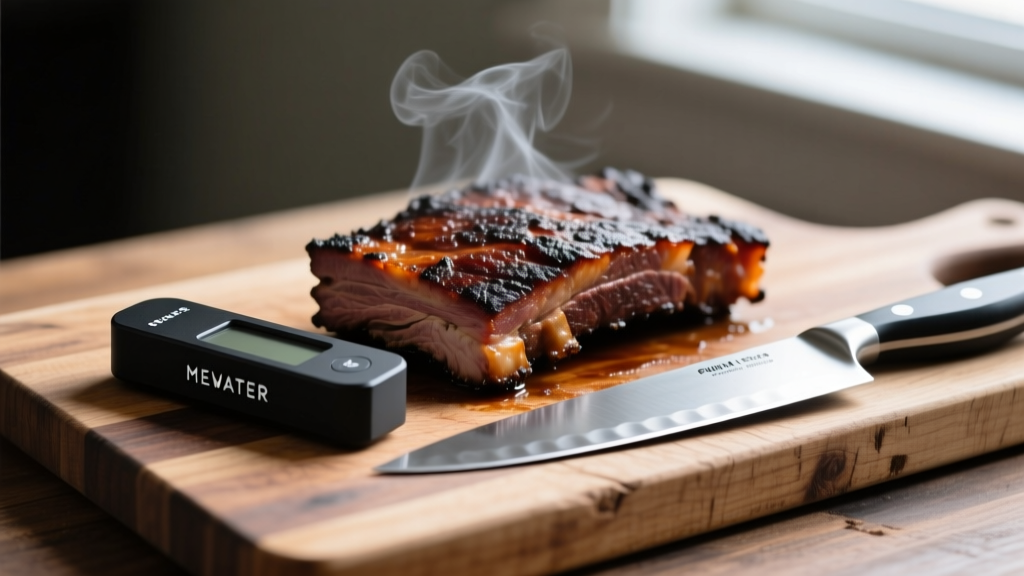 Close-up of a MEATER Block wireless thermometer resting on a rustic wooden cutting board next to a smoked brisket and chef knife.