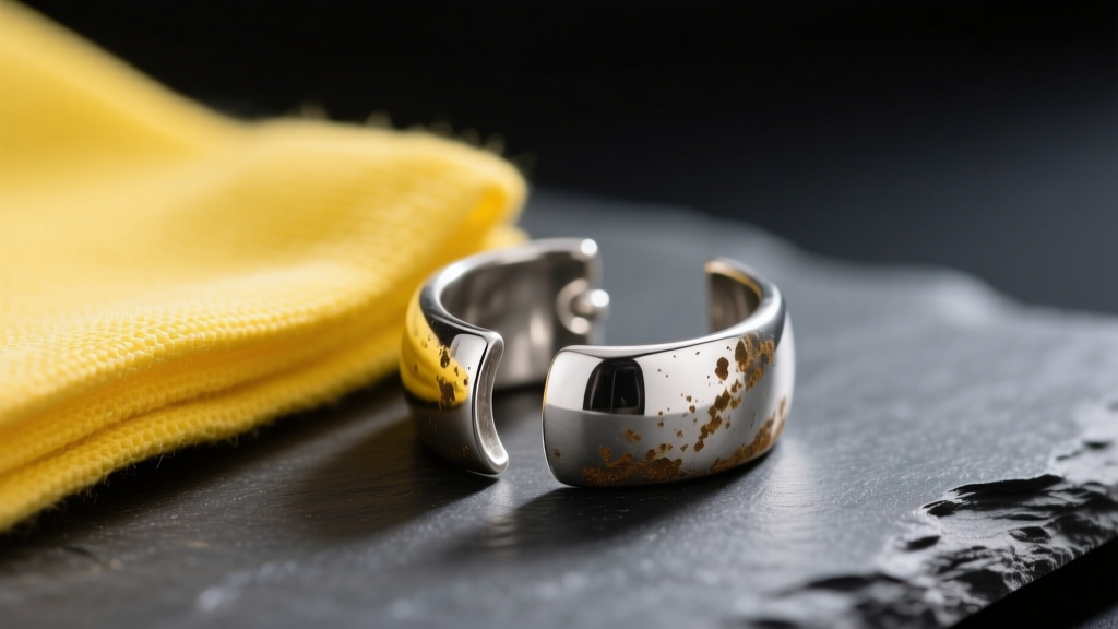 Macro shot of a tarnished 925 sterling silver ear cuff next to a bright yellow polishing cloth, resting on a dark slate surface.
