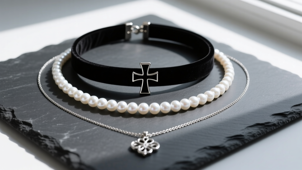 Flat lay of layered necklaces: black velvet cross choker, mid-length pearl strand, and long silver pendant on dark slate board.