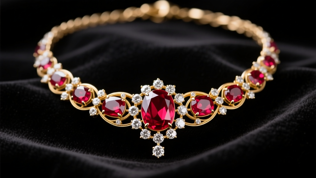 Victorian ruby necklace vintage piece on black velvet, showing a central red gem and old-mine diamonds in 18k gold.