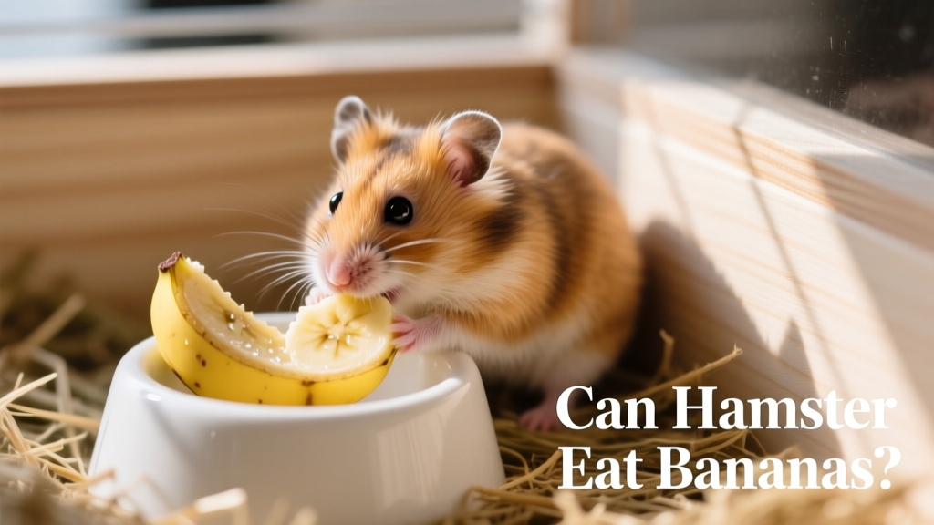 Hamster eating a small piece of banana from a clean ceramic dish inside its habitat