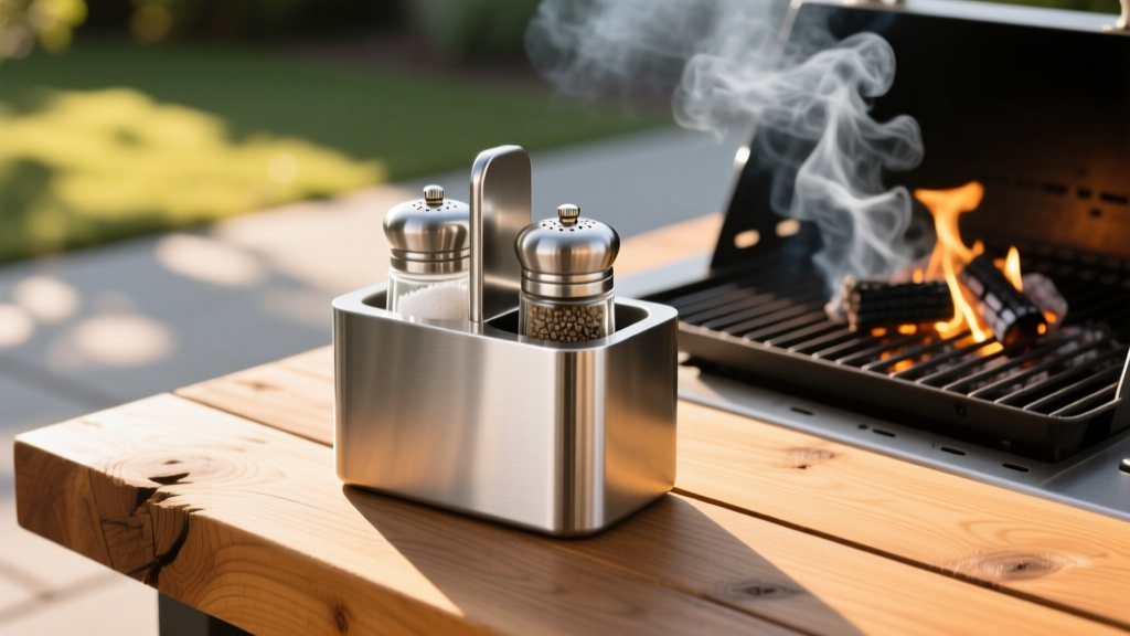 Stainless steel outdoor spice caddy with coarse salt and pepper grinders resting on cedar plank next to a smoking charcoal grill