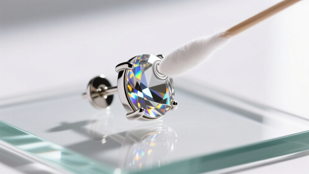 Clear liquid jewelry barrier coating and a cotton swab applying it to the post of a silver-tone fashion stud earring on glass.