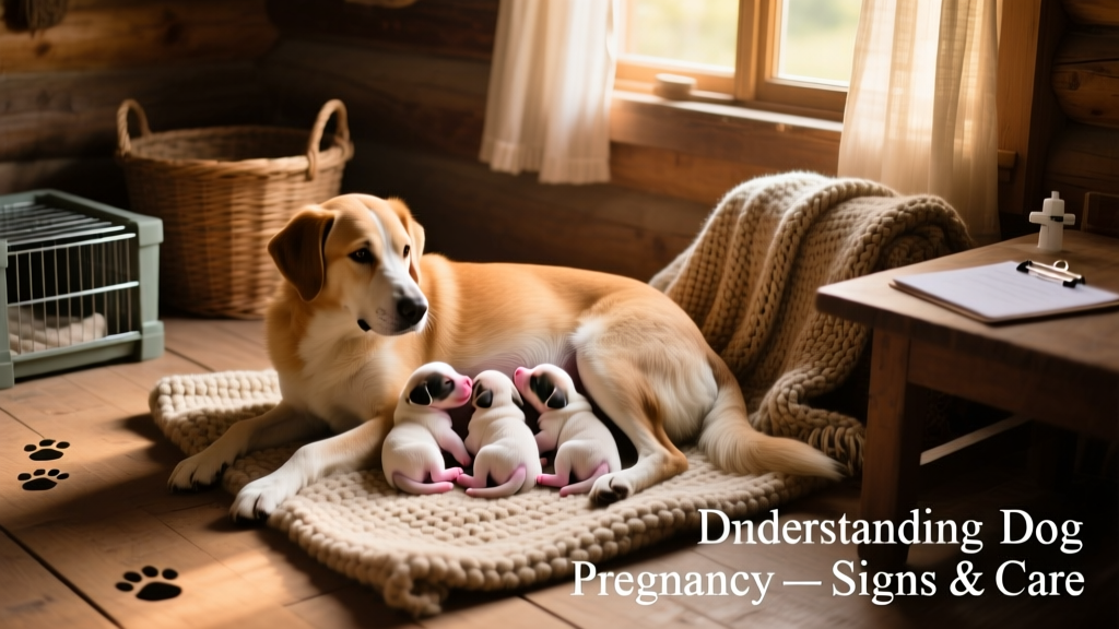 Pregnant dog gently nursing her newborn puppies in a cozy, sunlit space