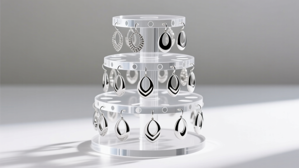 Clear acrylic rotating earring tower holding heavy silver statement dangles, highlighting the laser-cut precision holes on tiers
