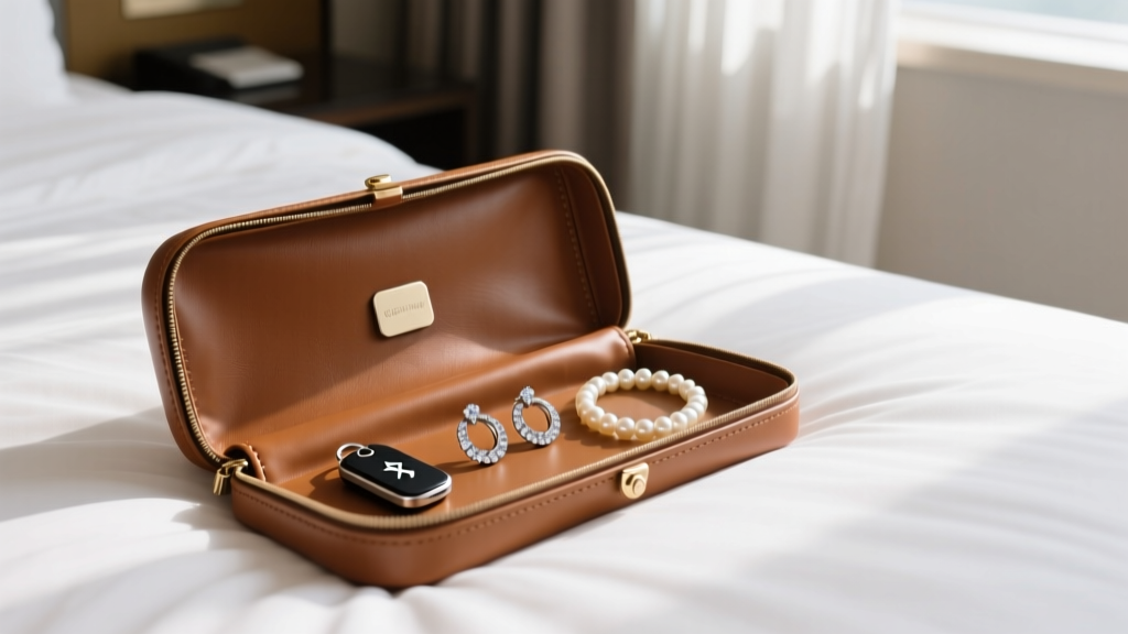 Open leather jewelry travel roll on a hotel bed showing a Bluetooth tracking tag nestled beside diamond hoop earrings and pearls