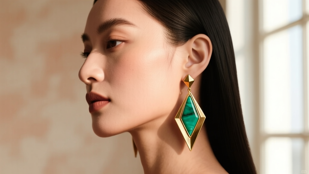 Side profile of a woman with a round face wearing long, angular jasper and brass earth tone dangle earrings to elongate her jawline