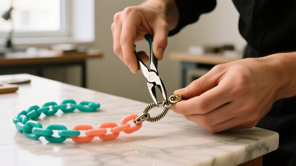 Jeweler using pliers to swap a corroded base metal spring ring clasp for a stainless steel lobster clasp on an 80s plastic chain
