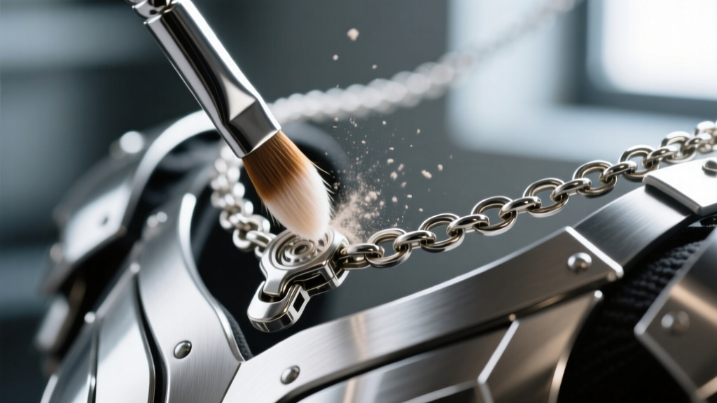 Close-up of a soft brush cleaning the micro-hinges of a metallic chest armor necklace, removing dust from titanium joints