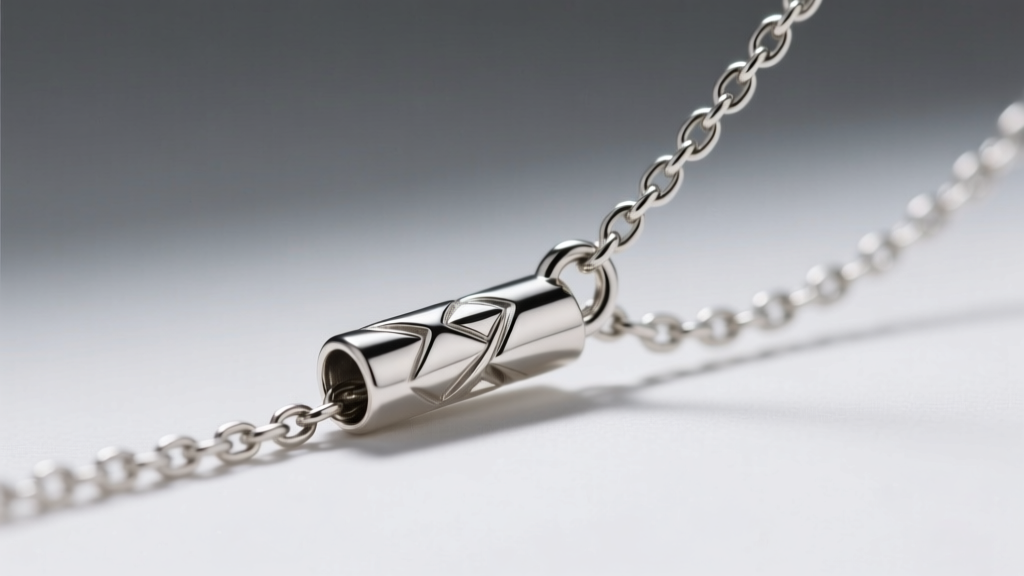 Macro shot of a sterling silver slide pendant with a wide tube bail being threaded onto a 3mm thick stainless steel omega chain.