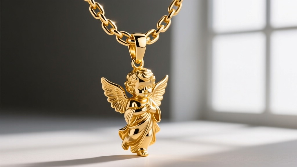 Close-up of an 18k gold box chain threading through the reinforced bail of a thick 24k gold cherub pendant, showing the connection.