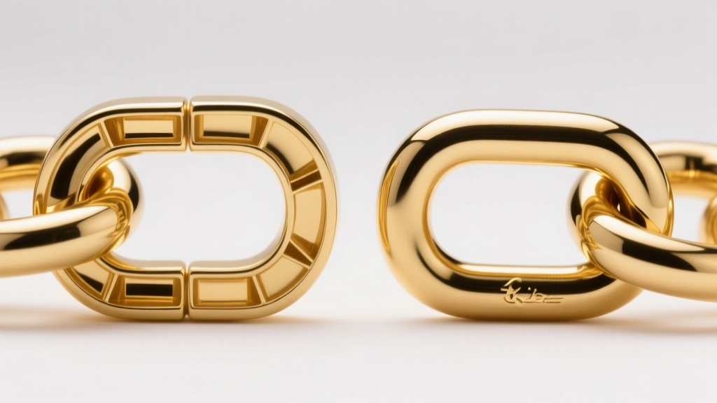 Photograph showing the cross-section of a hollow gold belcher link next to a solid gold belcher link under bright studio lighting.