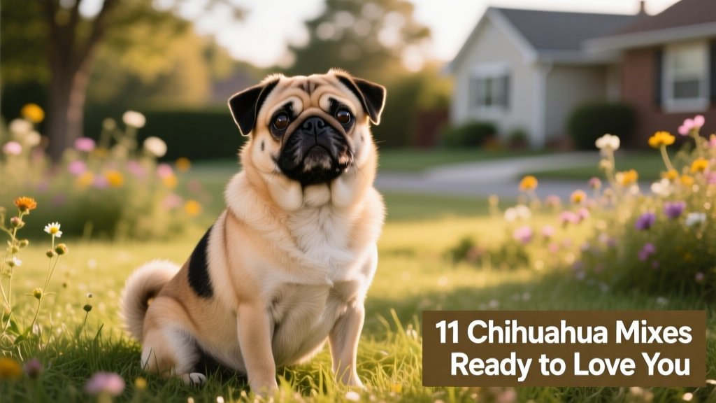 Fuzzy Chug, Chihuahua and Pug mixed sitting in grass