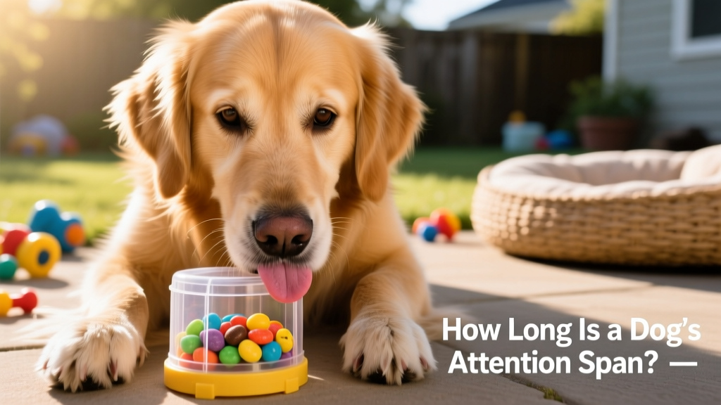 A dog solving a puzzle toy, tongue out in concentration, with treats visible inside