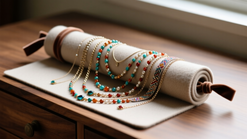 A felt jewelry roll unrolled on a wooden dresser, displaying long layered necklaces securely fastened with velvet snap-ties