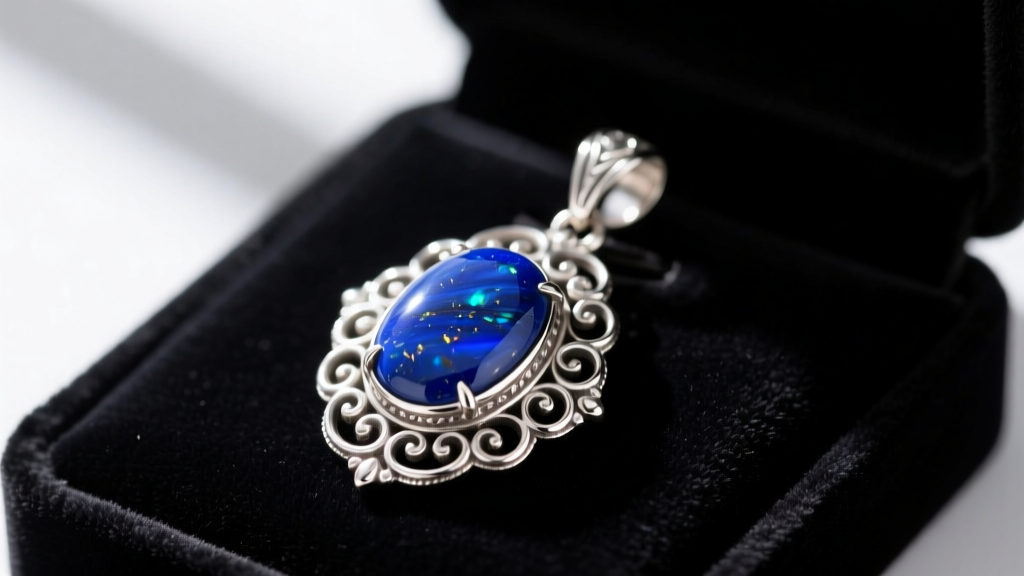 Close-up of a vintage sterling silver pendant featuring a deep blue lapis lazuli stone resting on a dark velvet jewelry display