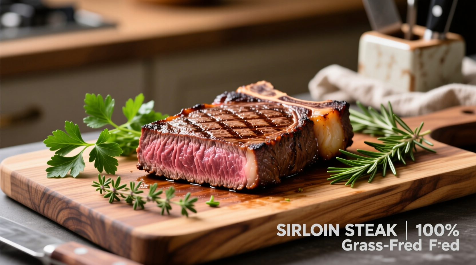 Lean beef sirloin steak on cutting board with fresh herbs