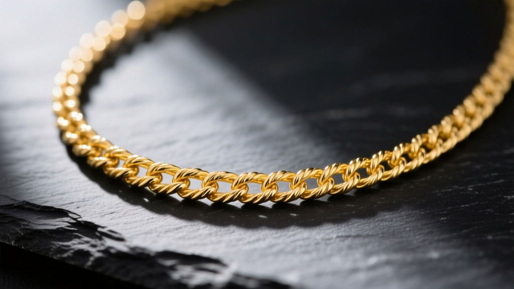 Macro shot of an 18k yellow gold jewelry necklace rope chain on dark slate, showing intricate twisted links and warm metal luster.