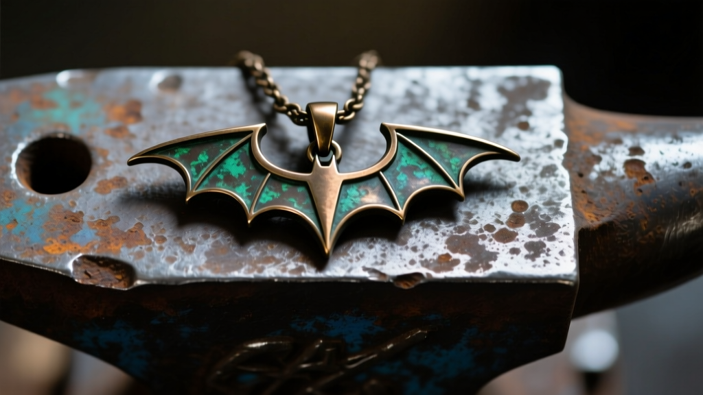 Macro shot of a darkened bronze Batman pendant on an anvil, highlighting sharp wing tips and an oxidized patina.