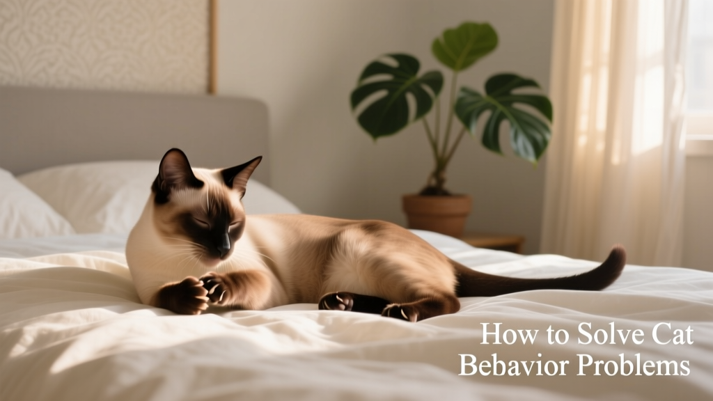 Calm cat lying on a soft bed, gently grooming its paw