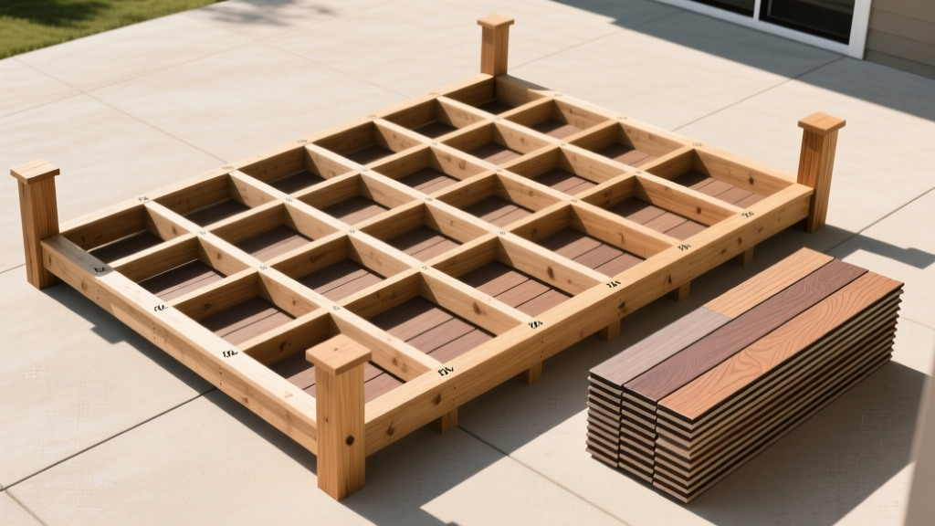 Overhead blueprint layout of a 12x16 deck showing 16-inch joist spacing, 6x6 support posts, and capped composite decking boards stacked nearby