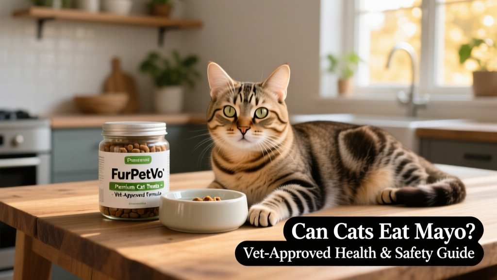 Happy, healthy cat lounging beside a clean water bowl and FurPetVo-branded treat jar