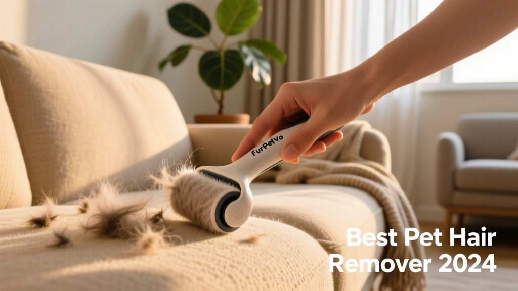 A hand using the FurPetVo ChomChom Roller on a fabric sofa, lifting visible pet hair