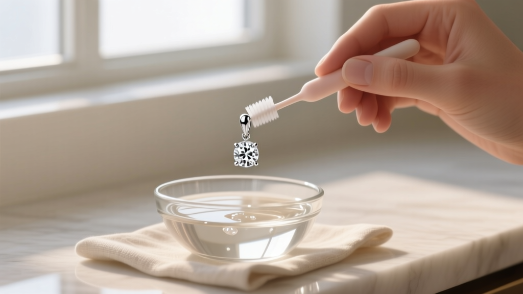 Jeweler using a soft baby toothbrush to gently clean a platinum diamond drop earring in a small glass bowl of warm soapy water.