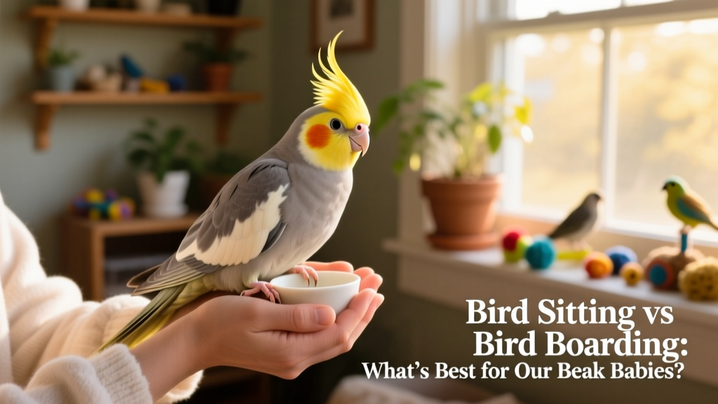 A cockatiel perched calmly on the cupped hands of a caregiver near a sunlit window