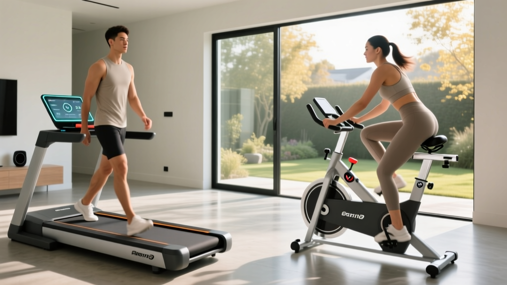 Side-by-side comparison of a user walking on a modern smart treadmill and another riding a recumbent stationary bike in a home gym setting.