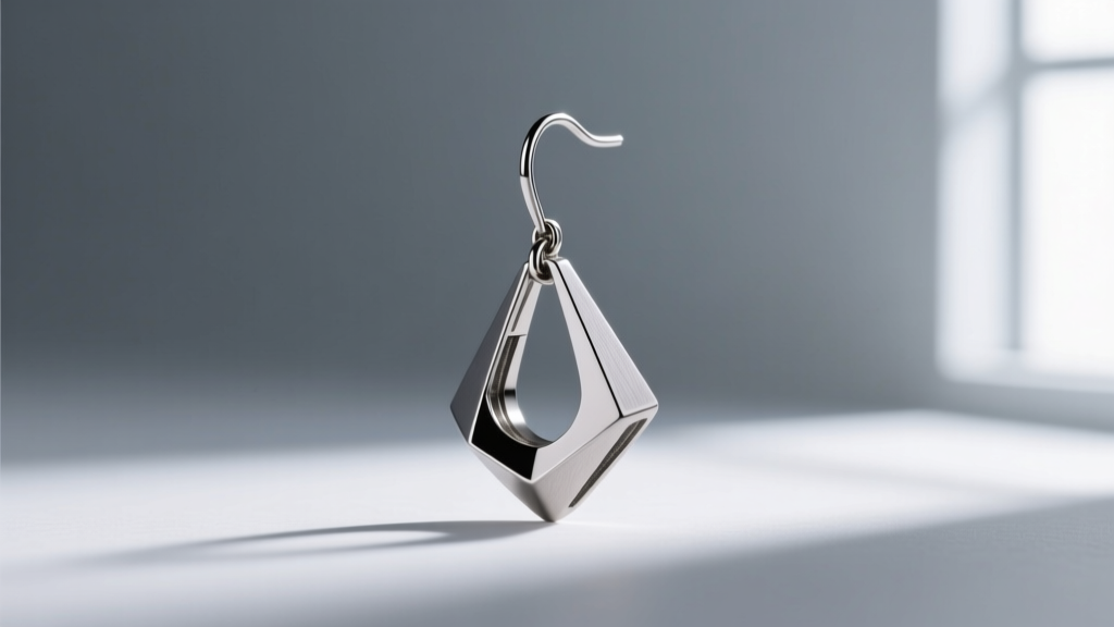 Polished ASTM F136 titanium drop dangle earring with a matte finish, photographed against a soft gray studio gradient background.