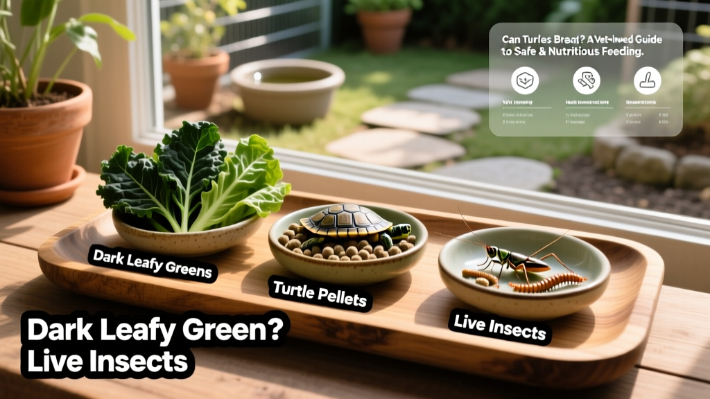 Side-by-side comparison showing healthy turtle food options: dark leafy greens, turtle pellets, and live feeder insects