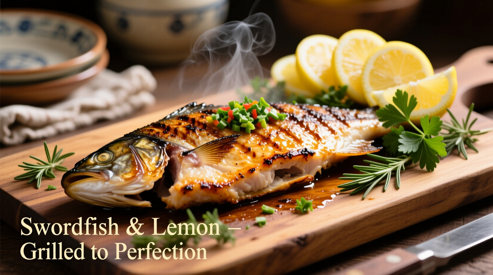 Grilled swordfish steak with lemon slices and herbs