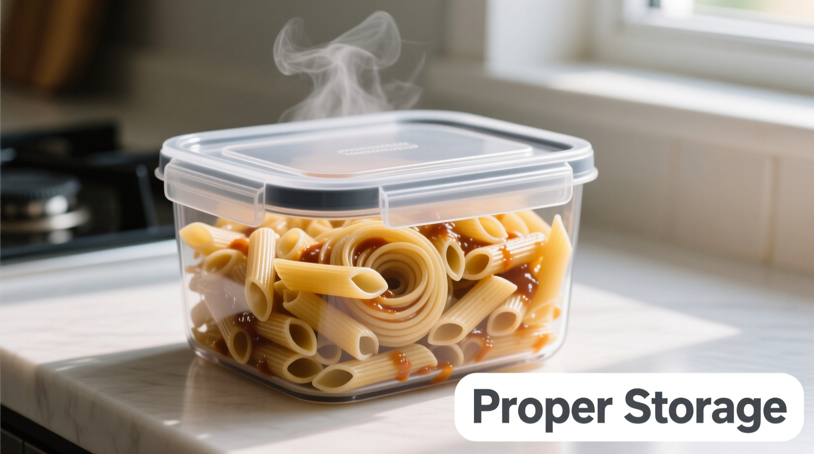 Cooked pasta in airtight container showing proper storage