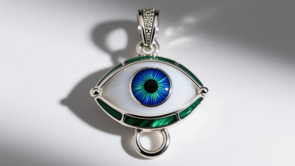 Top-down view of a sterling silver eyeball pendant with vitreous enamel, highlighting the soldered bail and thick jump ring.