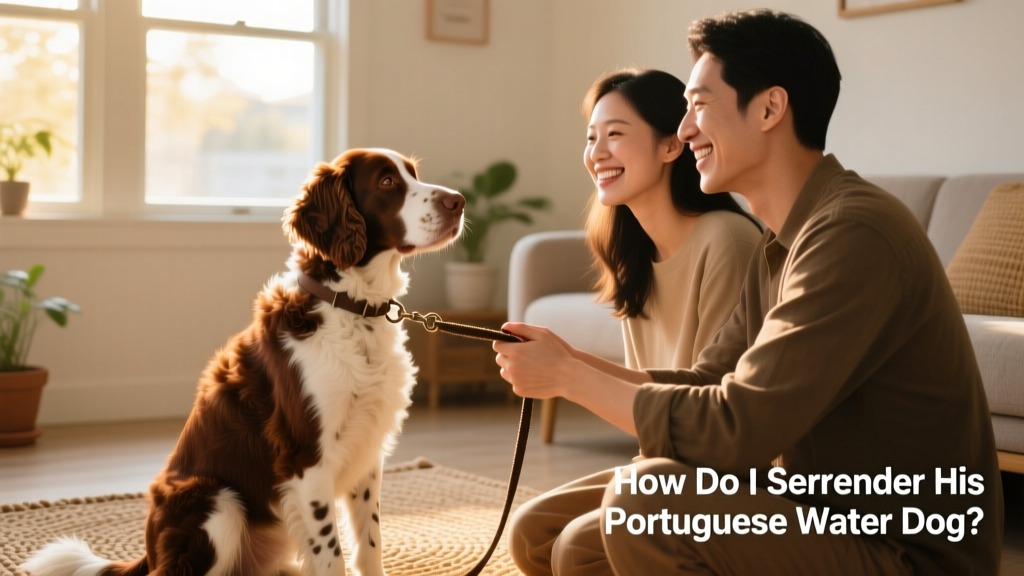 A smiling person handing over a leash to another smiling person, with a Portuguese Water Dog sitting calmly between them during a supervised meet-and-greet