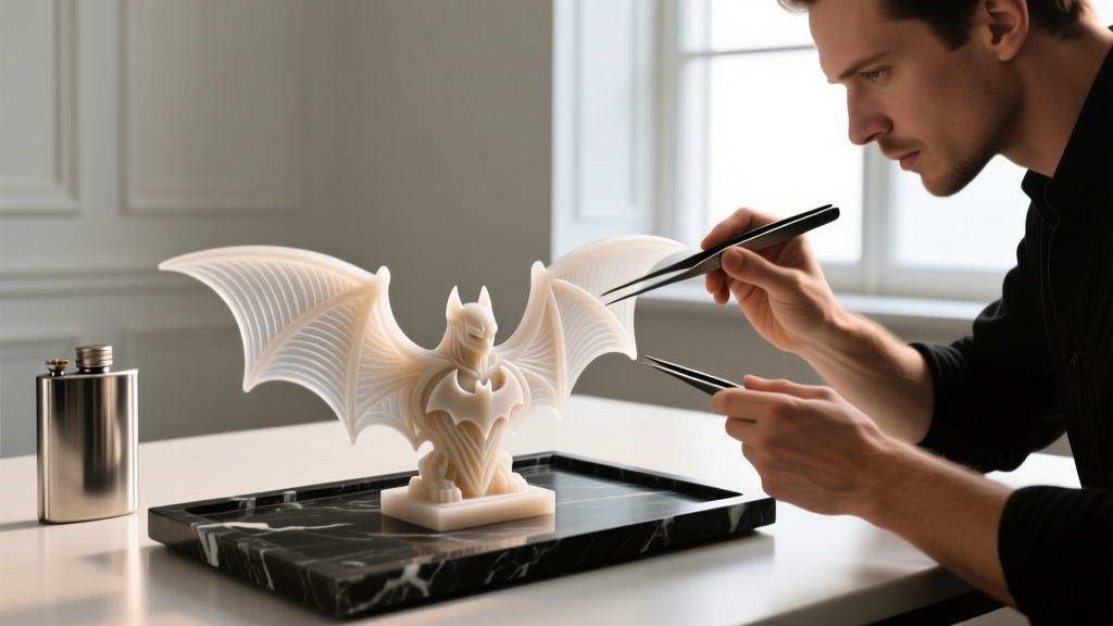 Jeweler using tweezers to inspect a 3D-printed resin wax bat symbol model before investment casting in a steel flask.