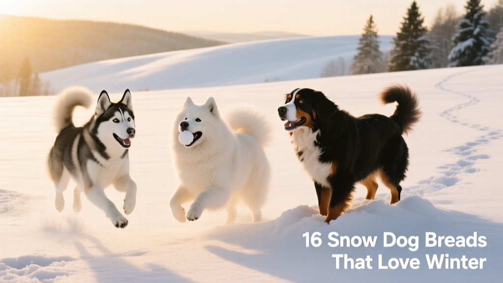 A group of snow-adapted dogs—Husky, Samoyed, and Bernese Mountain Dog—playing together in a sunlit snowy field