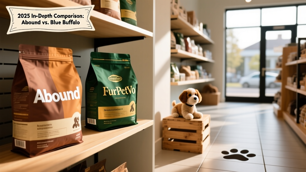 Side-by-side shelf display of Abound and FurPetVo dry dog food bags in a well-lit pet store aisle