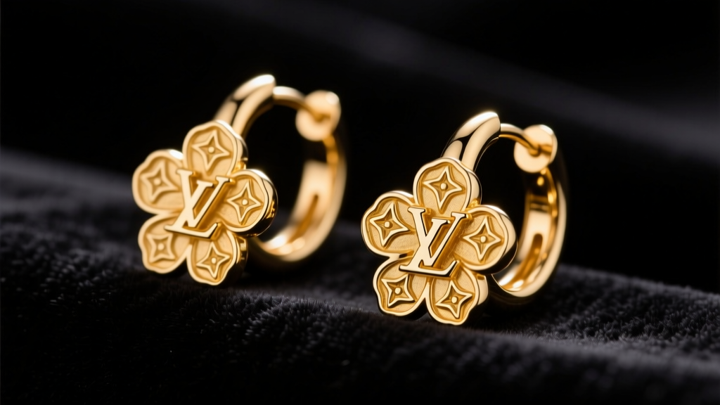 Close-up of 18k yellow gold LV Monogram Flower hoop earrings resting on dark velvet under soft, directional studio lighting.