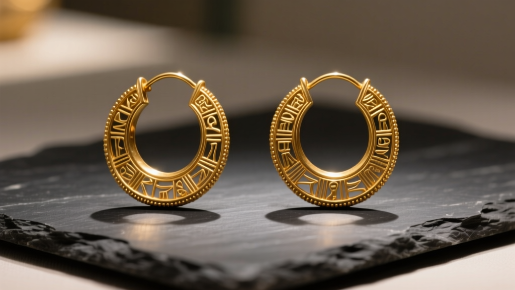 Macro shot of ancient Mesopotamian gold hoop earrings resting on dark slate, illuminated by warm directional museum lighting