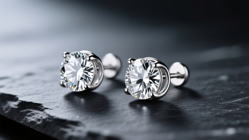 Close-up of 1.5 carat round brilliant diamond stud earrings in platinum basket settings, resting on dark slate, studio lighting.