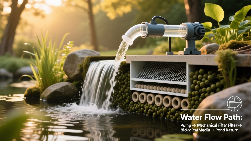 Diagram showing how water flows through a waterfall filter: pump draws water up, passes through mechanical mat and biological media, then spills back into pond