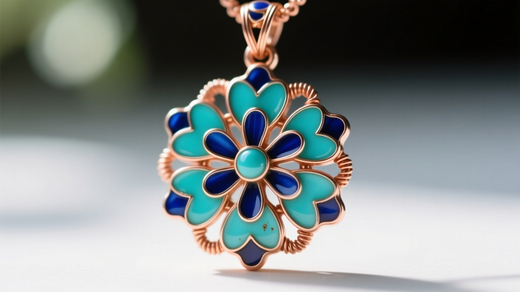 Macro shot of a vintage Chinese cloisonné pendant showing copper wire cells filled with turquoise and cobalt blue glass enamel