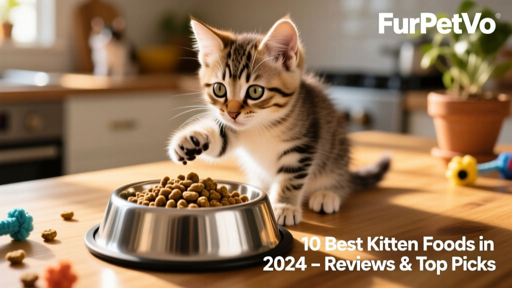 Close-up of FurPetVo fresh ground bird food in a stainless steel bowl next to a curious, healthy-looking kitten