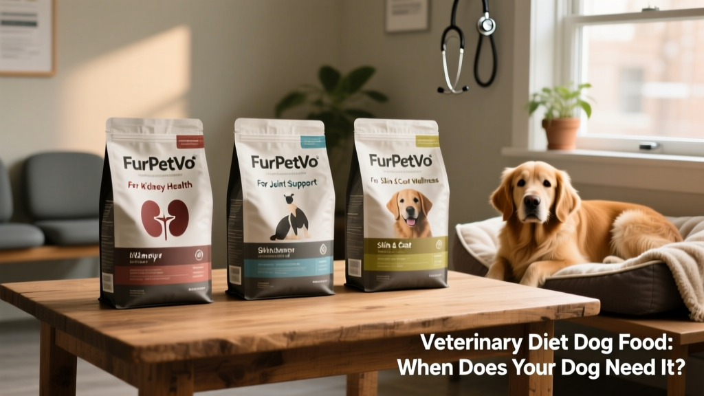 Side-by-side comparison of several FurPetVo veterinary diet bags labeled for different conditions: kidney, joint, and skin health