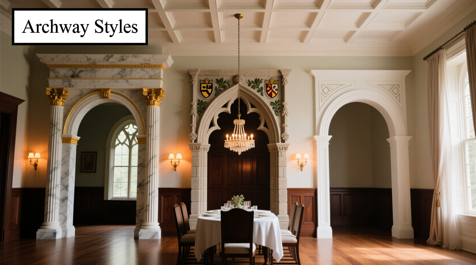 Three dining room archway styles: Roman, Tudor, and molded