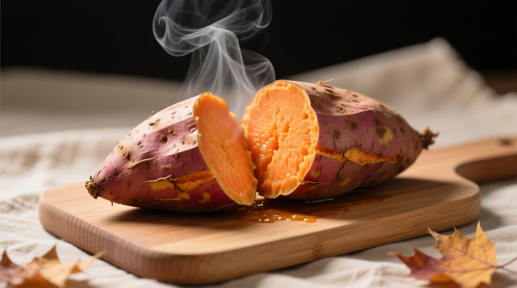 Roasted sweet potatoes with skin intact on rustic wooden board, highlighting fiber preservation for blood sugar management during fall harvest